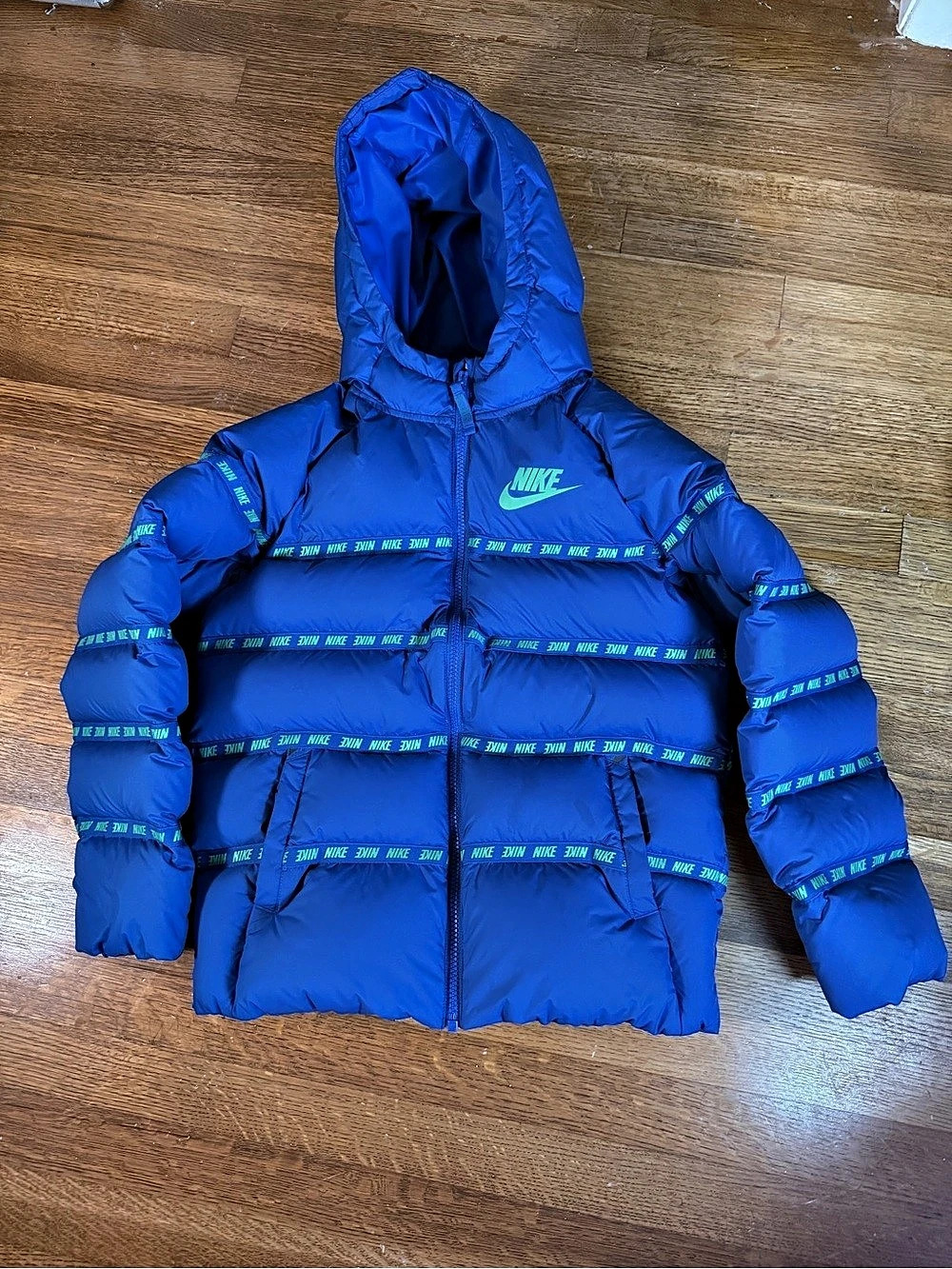 Nike Cobalt Blue Green Logo Puffer Hooded Jacket Size Medium